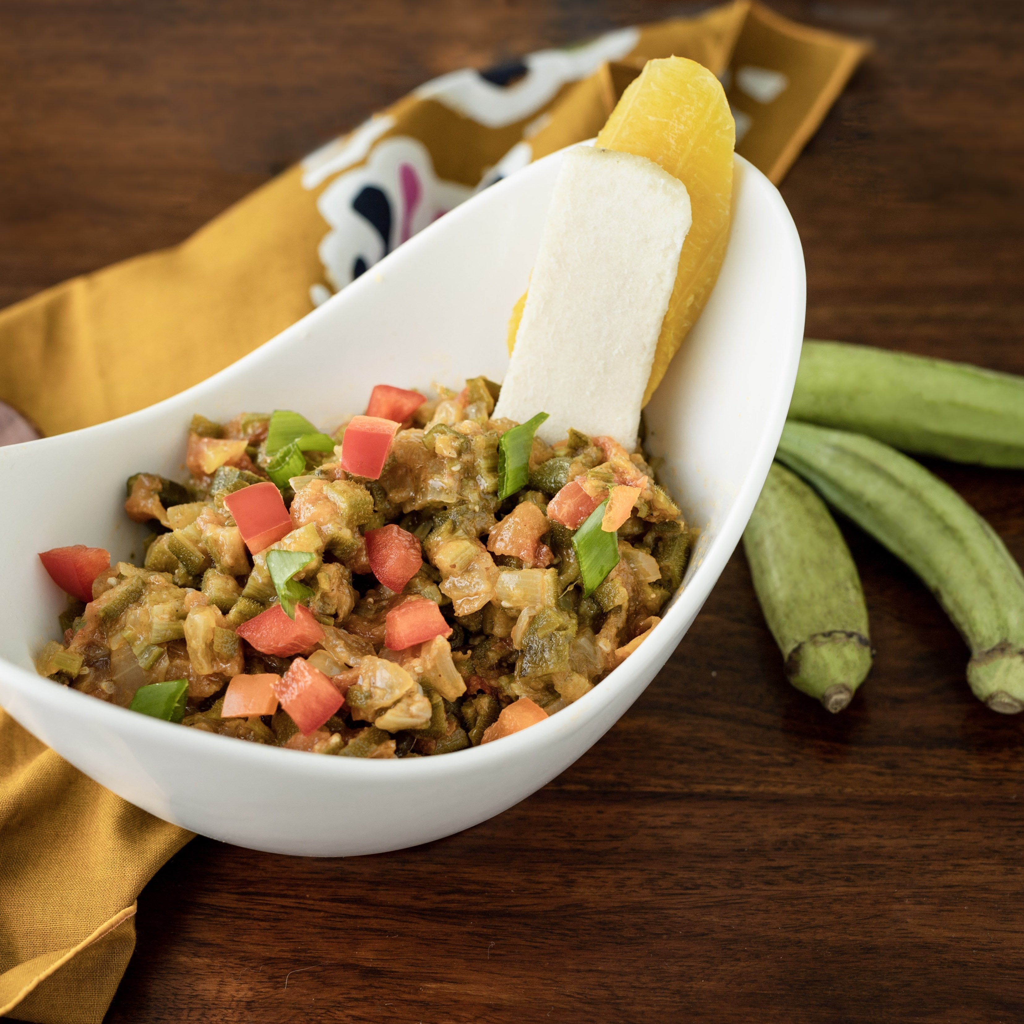 Okra stew with boiled plantain and yam Veghana.life